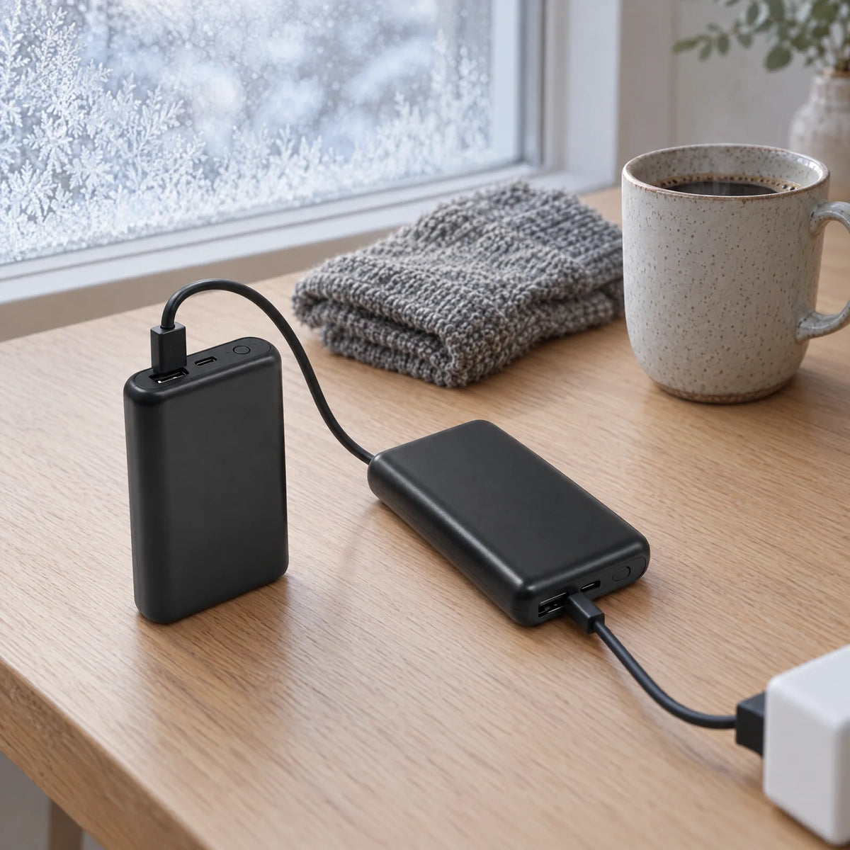 Two sock batteries charging via USB on a kitchen table in the morning