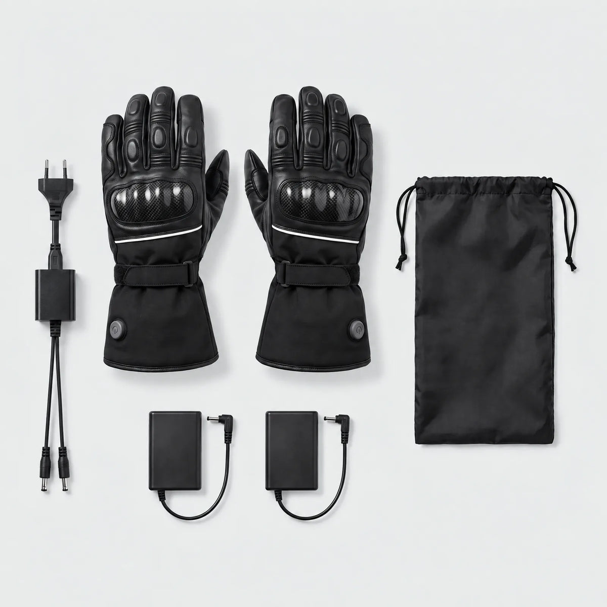 In the box: heated motorcycle gloves, two batteries, charger and pouch