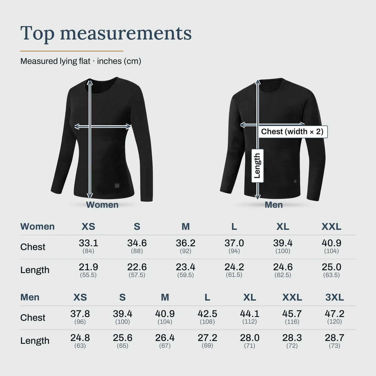 Top measurements – Heated Base Layer Top for Women and Men