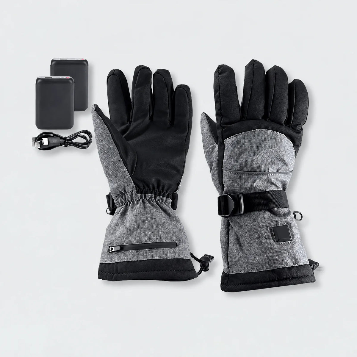 Alpenwarm heated winter gloves in gray with two power banks and USB charging cable