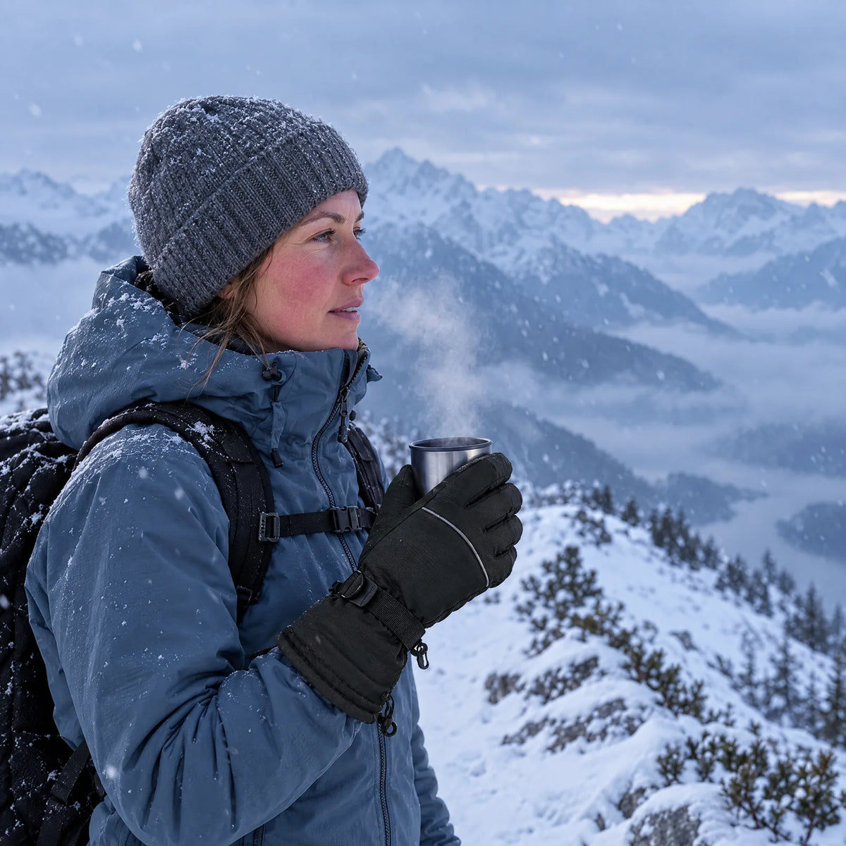Woman wearing the heated winter gloves with a thermos cup on a wintry ridge hike