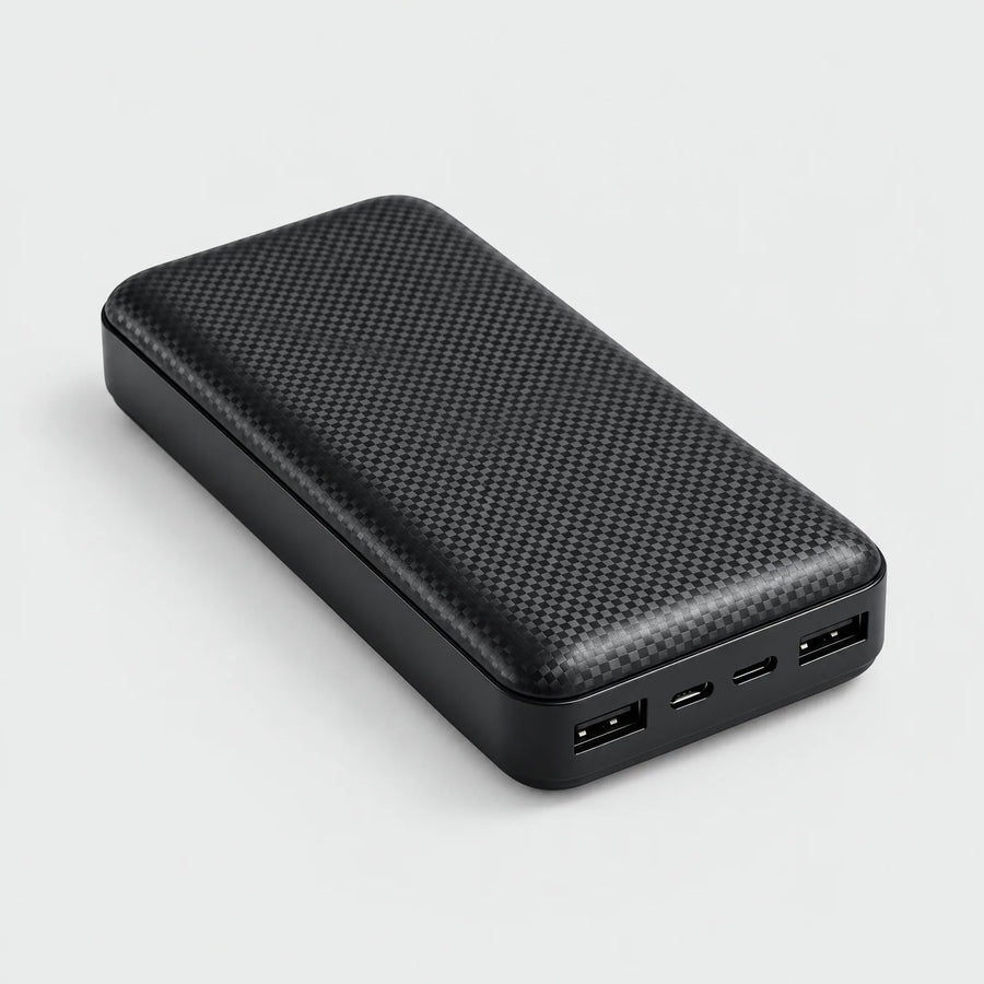 Alpenwarm Power Bank 20,000 mAh with carbon texture, seen from above