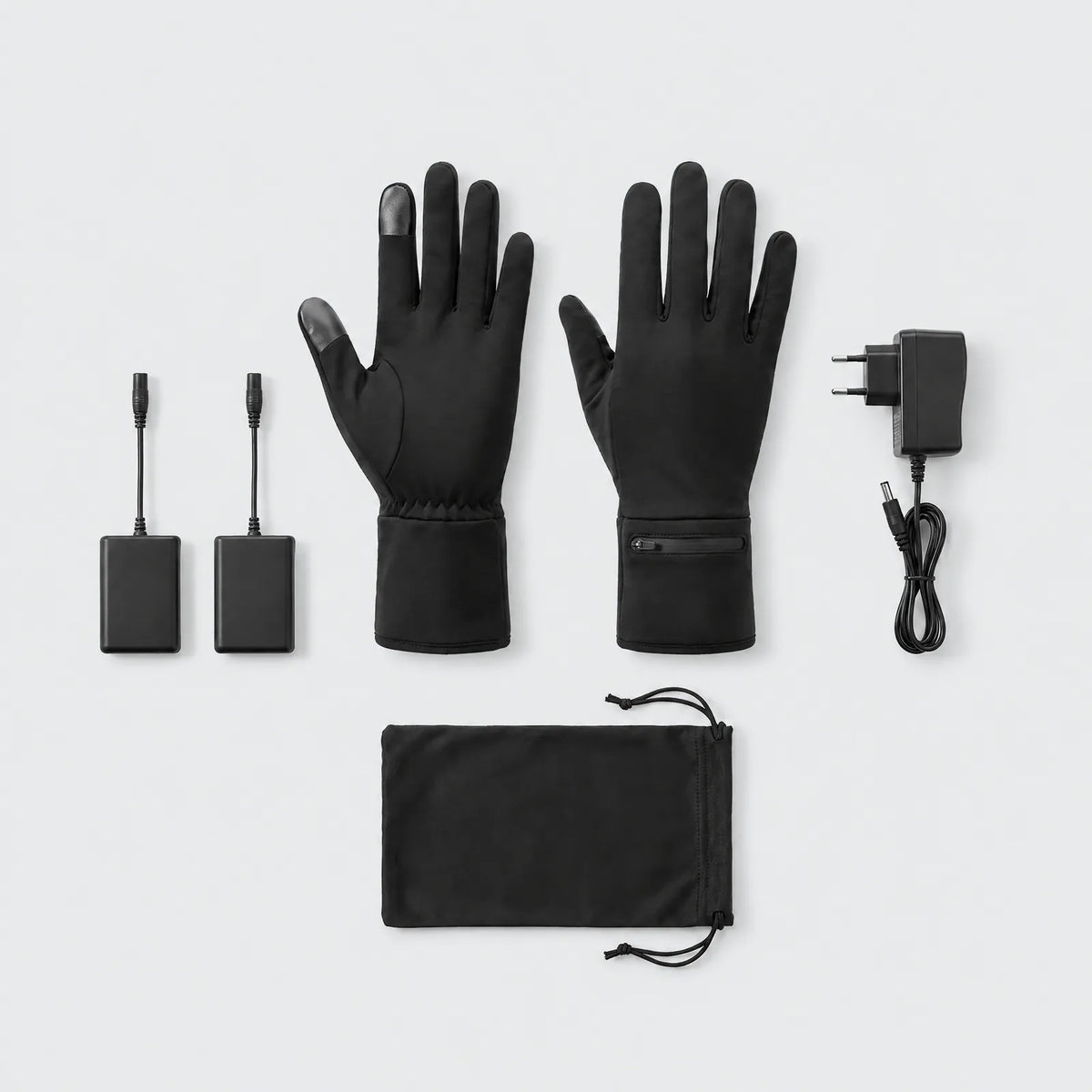 In the box: heated liner gloves, two batteries, charger and pouch