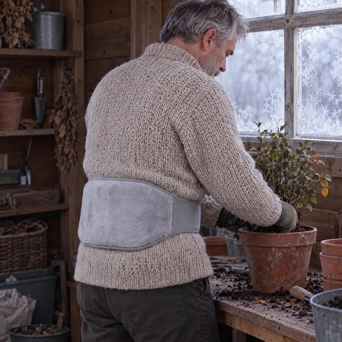 Man in a cold garden shed wearing the heated waist belt on his lower back over his sweater