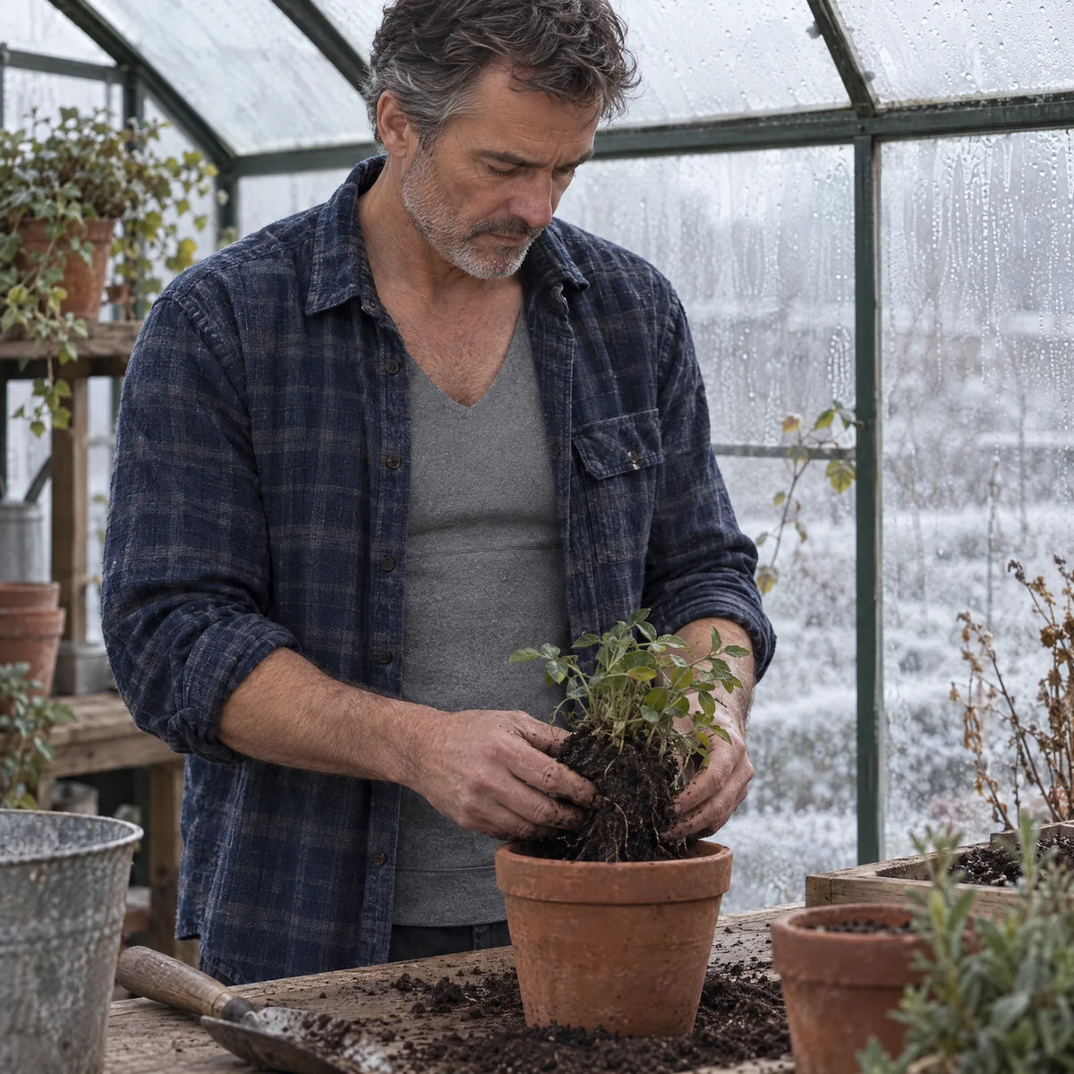 Man in a cold greenhouse, the heated undershirt under his open shirt