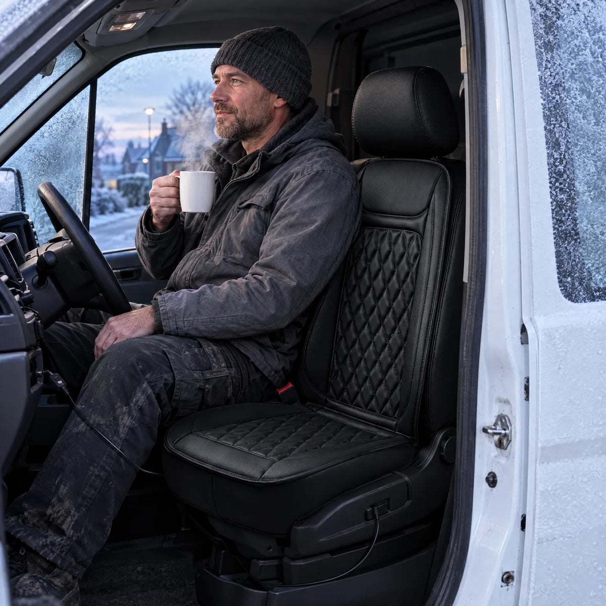 Craftsman with coffee in his van on a frosty morning, the heated seat cover on his seat