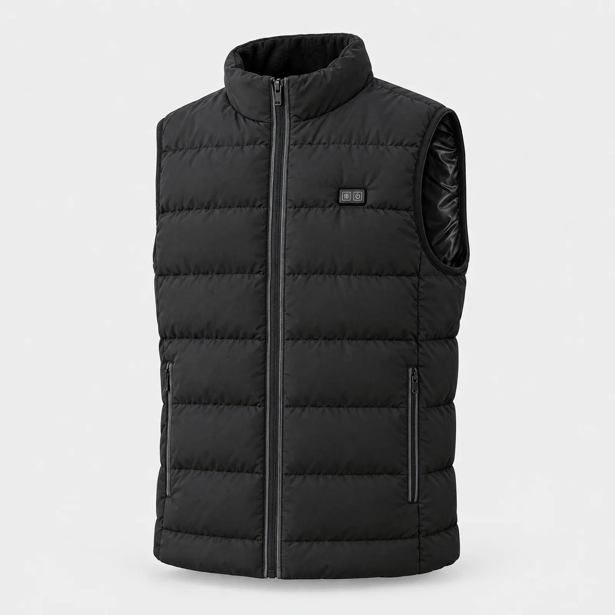 Alpenwarm heated vest in black: quilted, with a fleece-lined stand collar and grey zip trims